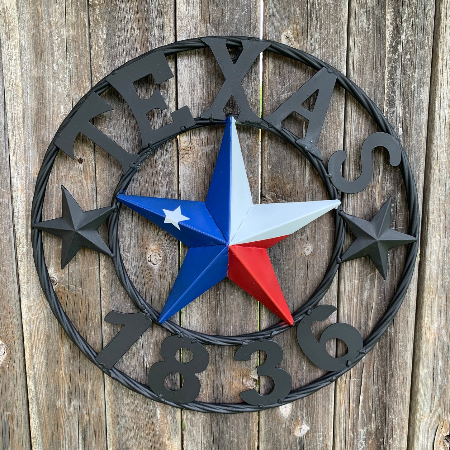 16" TEXAS 1836 RED WHITE BLUE TEXAS FLAG STAR & BLACK RING BARN STAR METAL WALL WESTERN HOME DECOR HANDMADE NEW ART