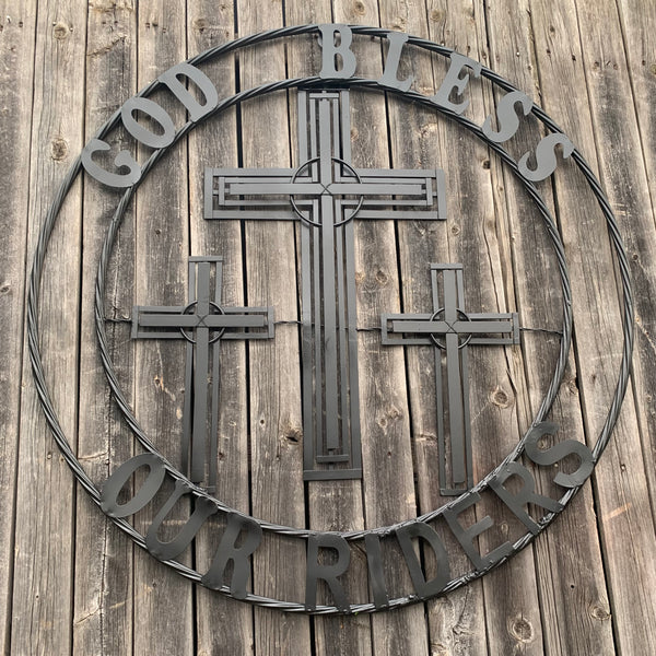 40"GOD BLESS OUR RIDERS CRUCIFIX BLACK CROSS METAL WALL ART HANDMADE