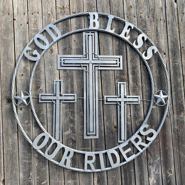 40"GOD BLESS OUR RIDERS CRUCIFIX GREY CROSS METAL WALL ART HANDMADE