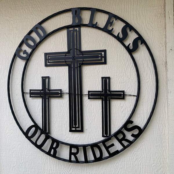 40"GOD BLESS OUR RIDERS CRUCIFIX BLACK CROSS METAL WALL ART HANDMADE