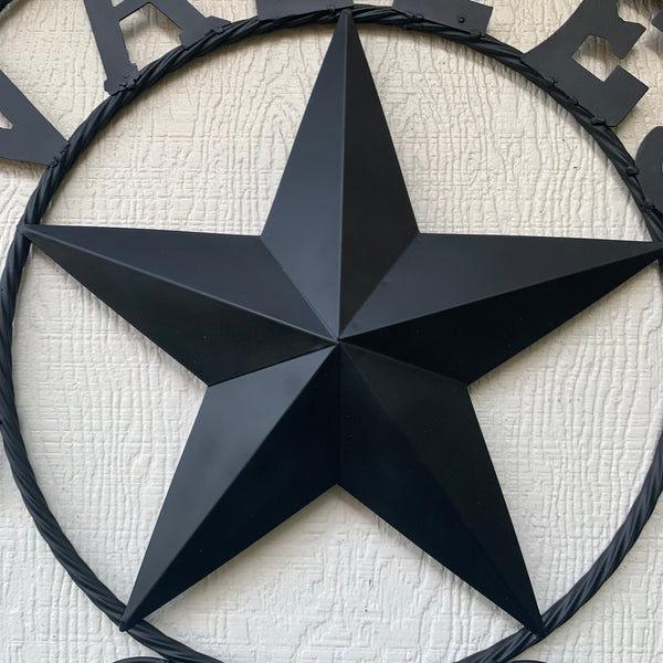 VALLES STYLE YOUR CUSTOM NAME STAR BLACK METAL BARN STAR 3d TWISTED ROPE RING WESTERN HOME DECOR VINTAGE BRONZE RUSTIC NEW HANDMADE 24",32",34",36",40",42",44",46",50"