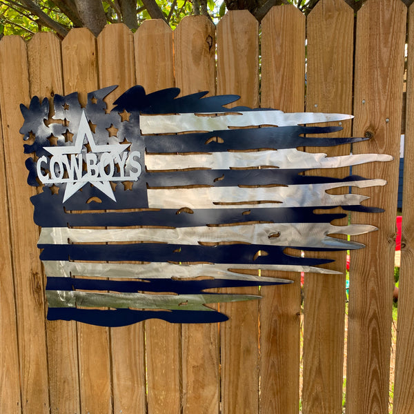 DALLAS COWBOYS METAL TATTERED FLAG NAVY BLUE, WHITE & SILVER CUSTOM VI –