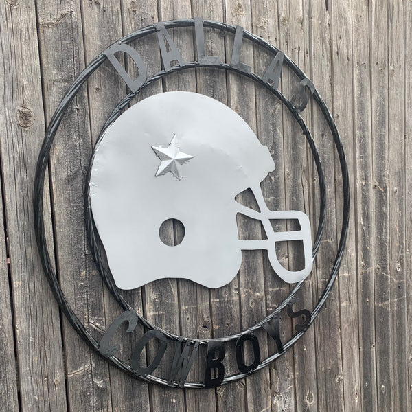 24", 32",36" DALLAS COWBOYS HELMET SIGN SILVER & BLACK CUSTOM METAL VINTAGE CRAFT TEAM SIGN HANDMADE