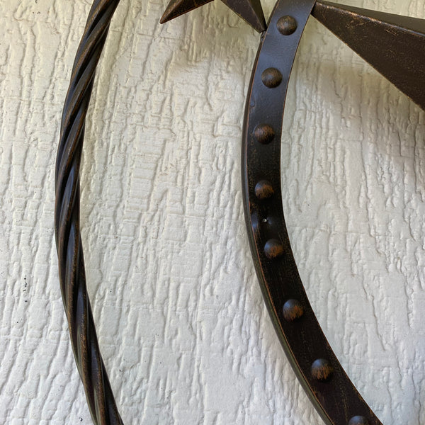 TEXAS BEADED BARN STAR WITH TWISTED ROPE RING DESIGN METAL WALL ART WESTERN HOME DECOR VINTAGE RUSTIC BRONZE ART