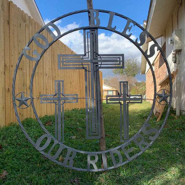 40"GOD BLESS OUR RIDERS CRUCIFIX GREY CROSS METAL WALL ART HANDMADE