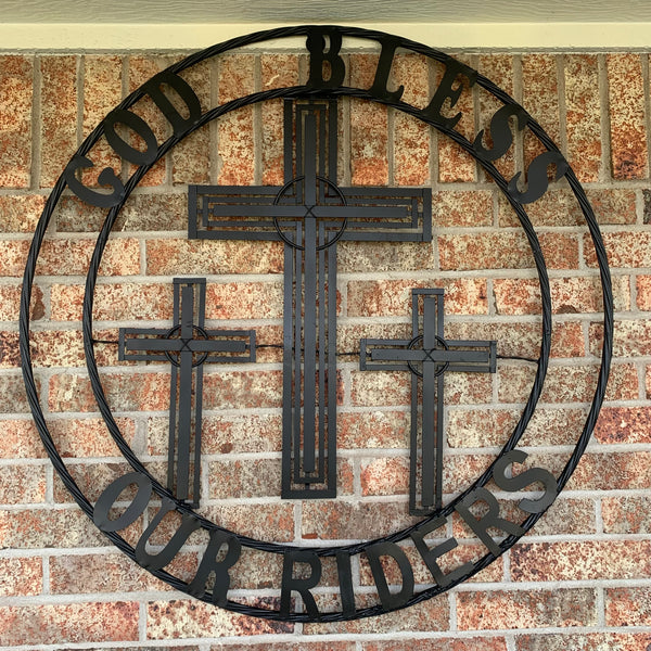 40"GOD BLESS OUR RIDERS CRUCIFIX BLACK CROSS METAL WALL ART HANDMADE