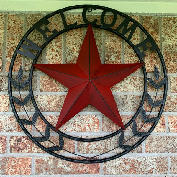 24" WELCOME LEAF LEAVES STAR METAL WALL ART WESTERN HOME DECOR RUSTIC RED HANDMADE