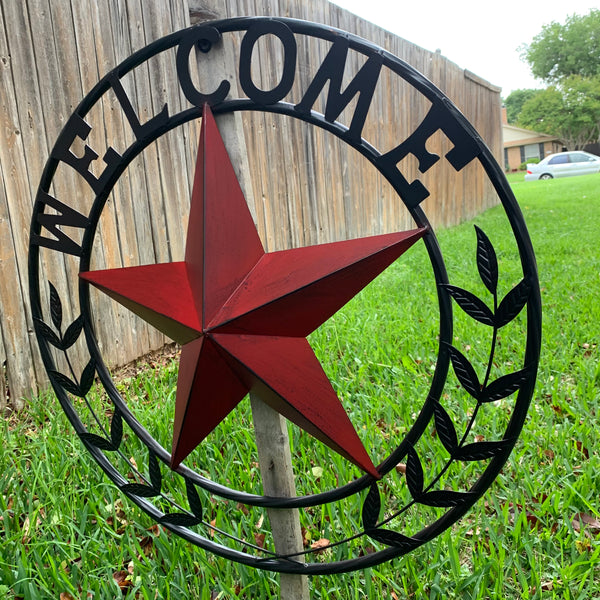 24" WELCOME LEAF LEAVES STAR METAL WALL ART WESTERN HOME DECOR RUSTIC RED HANDMADE