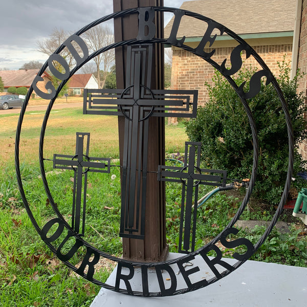 40"GOD BLESS OUR RIDERS CRUCIFIX BLACK CROSS METAL WALL ART HANDMADE