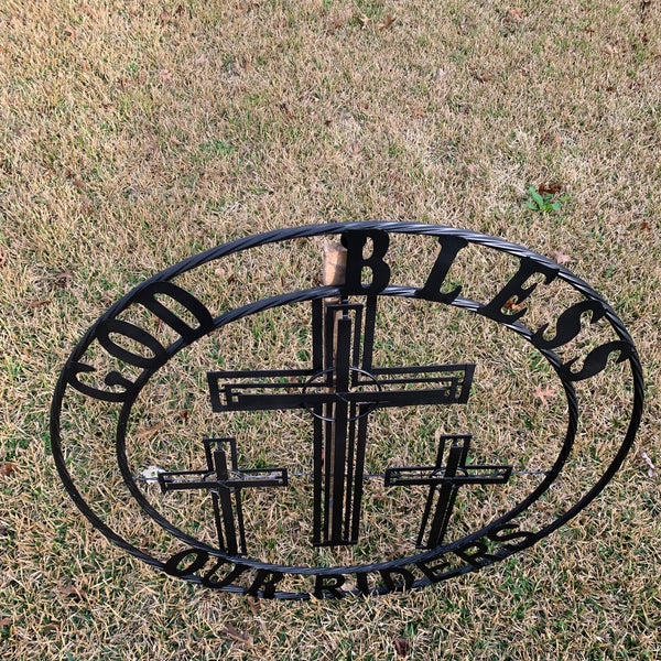 40"GOD BLESS OUR RIDERS CRUCIFIX BLACK CROSS METAL WALL ART HANDMADE