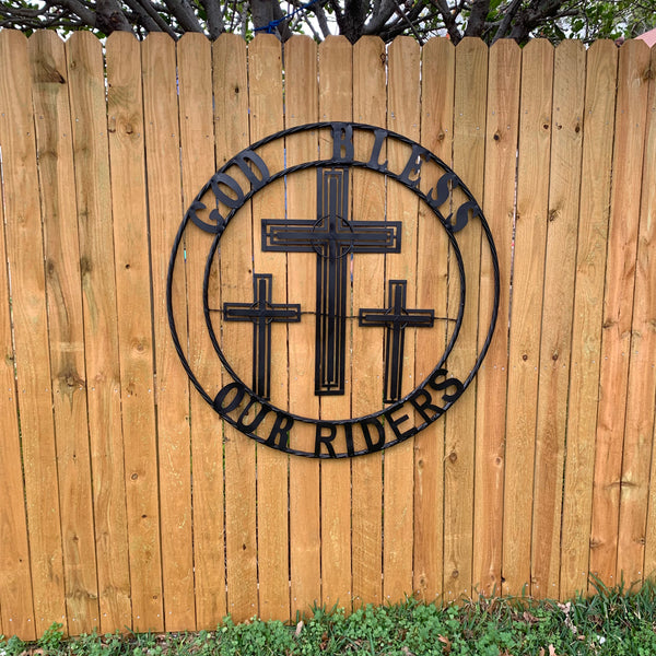 40"GOD BLESS OUR RIDERS CRUCIFIX BLACK CROSS METAL WALL ART HANDMADE