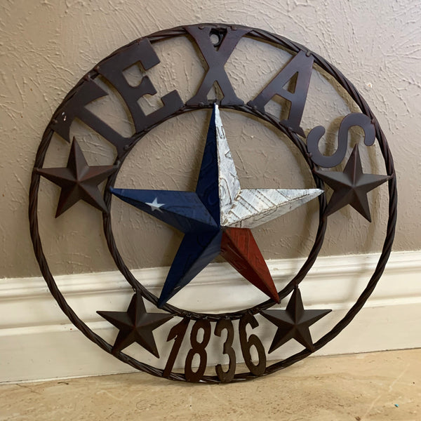 16", 24", 32", 34", 40" TEXAS 1836 LICENSE PLATE FLAG BARN STAR METAL WALL WESTERN HOME DECOR RED WHITE BLUE ART