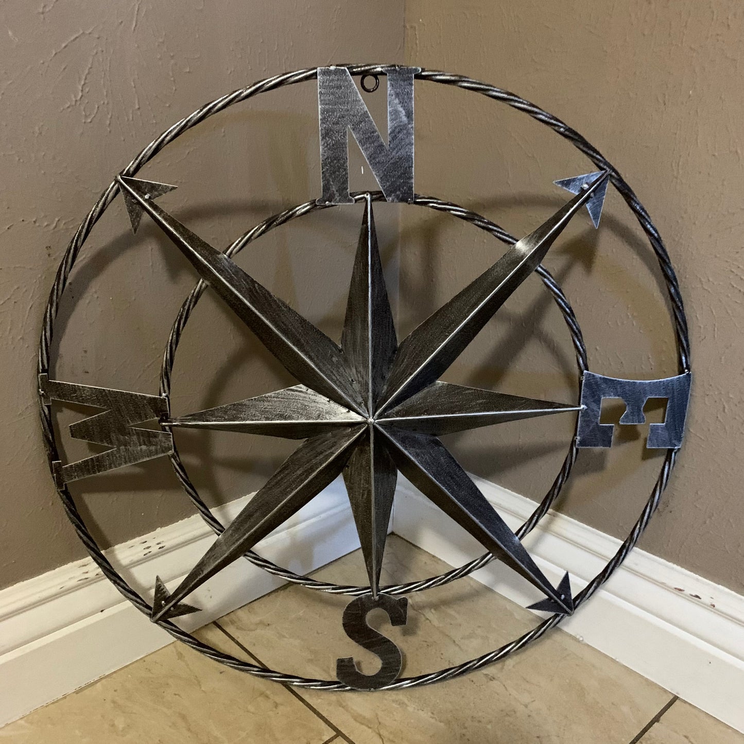 COMPASS 24" GREY METAL SIGN WESTERN HOME DECOR HANDMADE NEW #EH10381