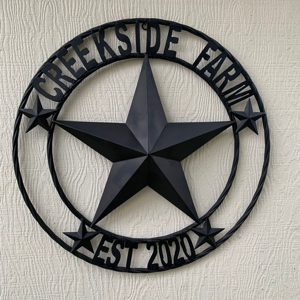 CREEKSIDE FARM STYLE YOUR CUSTOM NAME BARN BLACK STAR 3d WITH TWISTED ROPE RING DESIGN METAL WALL ART WESTERN HOME DECOR NEW HANDMADE, 24", 32", 36", 40", 44", 46", 50"