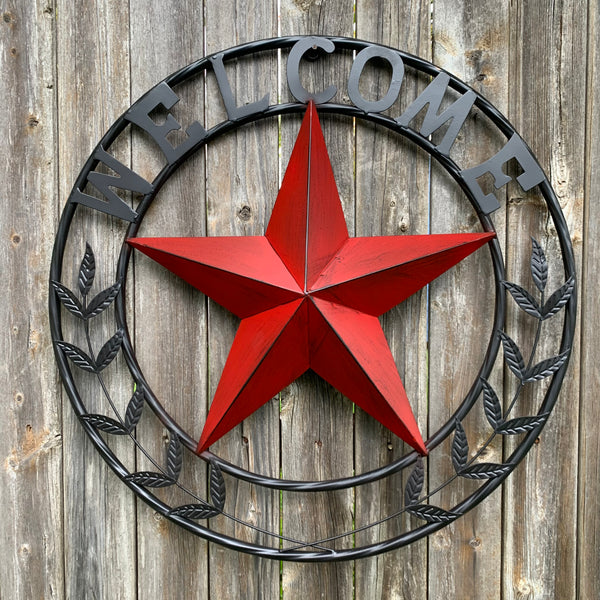 24" WELCOME LEAF LEAVES STAR METAL WALL ART WESTERN HOME DECOR RUSTIC RED HANDMADE