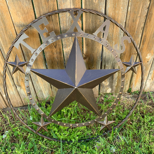 TEXAS BEADED BARN STAR WITH TWISTED ROPE RING DESIGN METAL WALL ART WESTERN HOME DECOR VINTAGE RUSTIC BRONZE ART