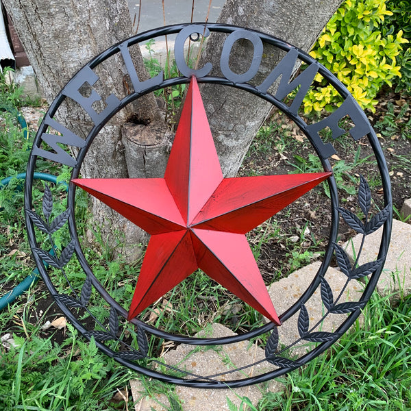 24" WELCOME LEAF LEAVES STAR METAL WALL ART WESTERN HOME DECOR RUSTIC RED HANDMADE