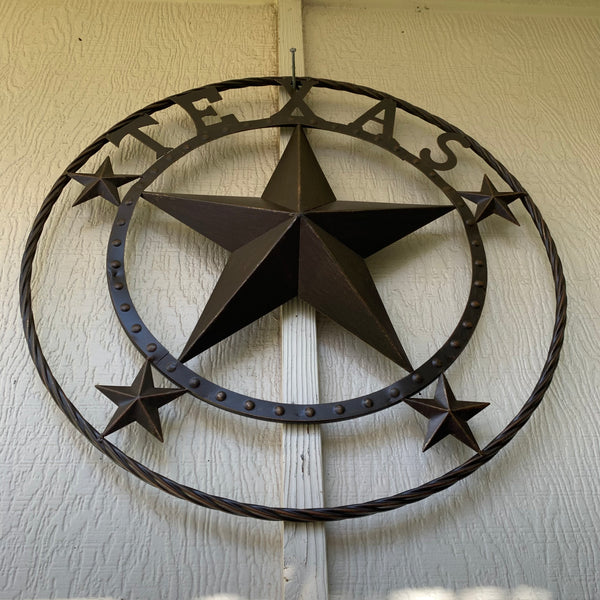 TEXAS BEADED BARN STAR WITH TWISTED ROPE RING DESIGN METAL WALL ART WESTERN HOME DECOR VINTAGE RUSTIC BRONZE ART