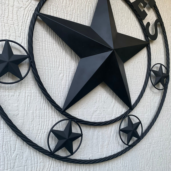 VALLES STYLE YOUR CUSTOM NAME STAR BLACK METAL BARN STAR 3d TWISTED ROPE RING WESTERN HOME DECOR VINTAGE BRONZE RUSTIC NEW HANDMADE 24",32",34",36",40",42",44",46",50"
