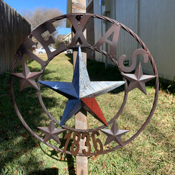16", 24", 32", 34", 40" TEXAS 1836 LICENSE PLATE FLAG BARN STAR METAL WALL WESTERN HOME DECOR RED WHITE BLUE ART