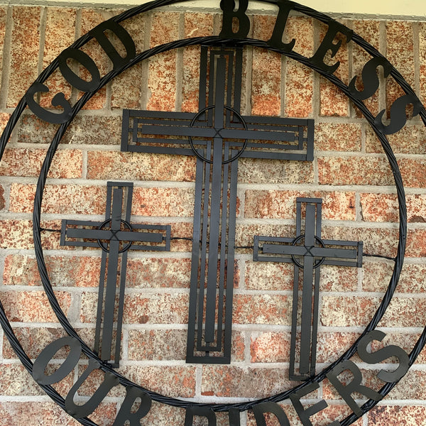 40"GOD BLESS OUR RIDERS CRUCIFIX BLACK CROSS METAL WALL ART HANDMADE