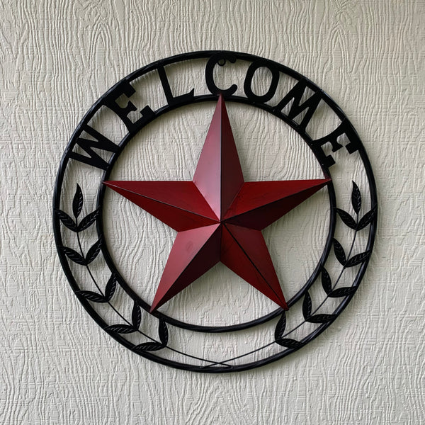 24" WELCOME LEAF LEAVES STAR METAL WALL ART WESTERN HOME DECOR RUSTIC RED HANDMADE