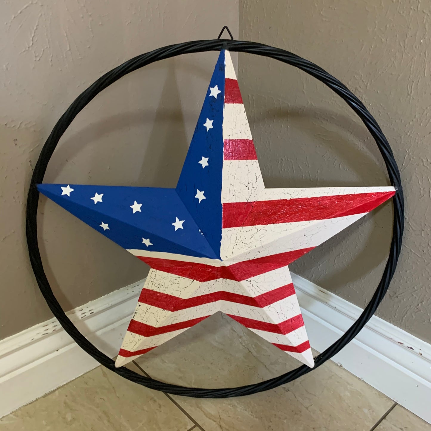 24" AMERICAN USA FLAG CRACKLE STAR METAL WALL ART WESTERN HOME DECOR HANDMADE NEW