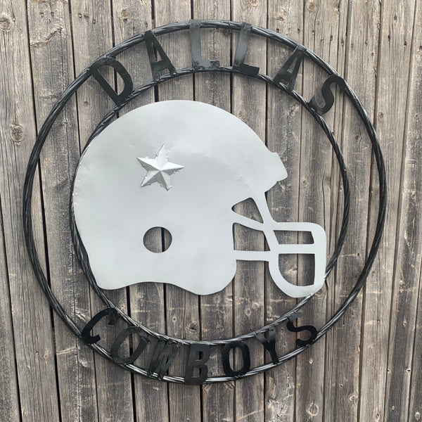 24", 32",36" DALLAS COWBOYS HELMET SIGN SILVER & BLACK CUSTOM METAL VINTAGE CRAFT TEAM SIGN HANDMADE