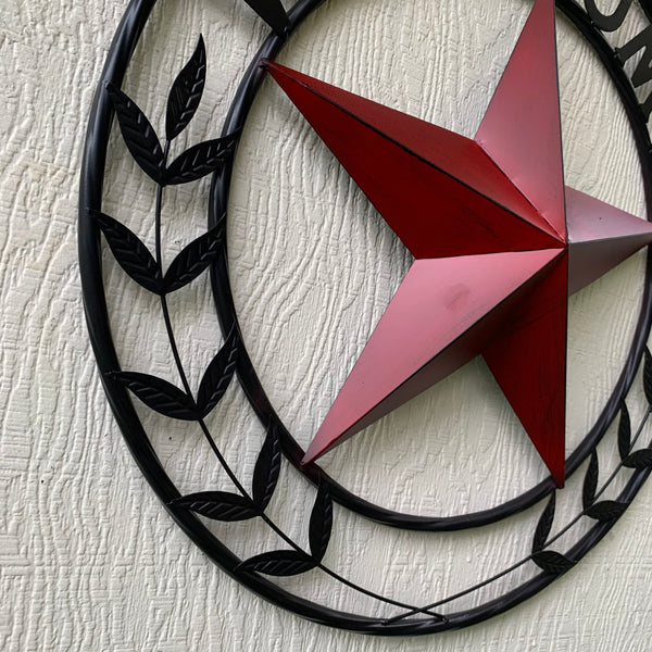 24" WELCOME LEAF LEAVES STAR METAL WALL ART WESTERN HOME DECOR RUSTIC RED HANDMADE