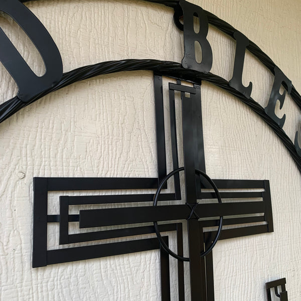 40"GOD BLESS OUR RIDERS CRUCIFIX BLACK CROSS METAL WALL ART HANDMADE