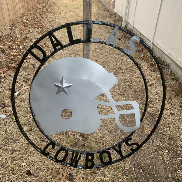 24", 32",36" DALLAS COWBOYS HELMET SIGN SILVER & BLACK CUSTOM METAL VINTAGE CRAFT TEAM SIGN HANDMADE