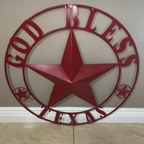 24",32",40",50" BURGUNDY RED GOD BLESS TEXAS BARN STAR ROPE RING METAL WALL ART WESTERN HOME DECOR NEW