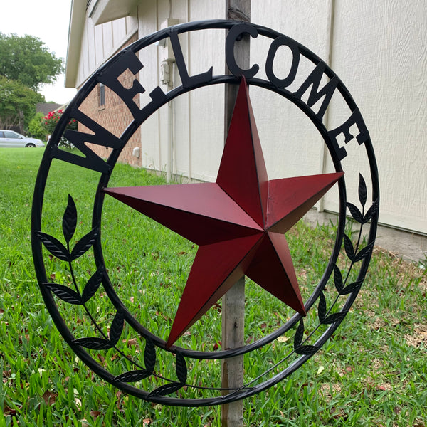 24" WELCOME LEAF LEAVES STAR METAL WALL ART WESTERN HOME DECOR RUSTIC RED HANDMADE