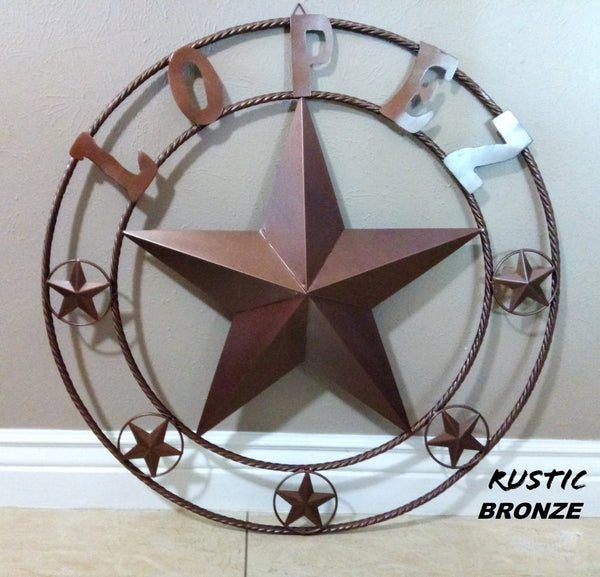 LOPEZ STYLE CUSTOM STAR NAME BARN METAL STAR 3d TWISTED ROPE RING WESTERN HOME DECOR RUSTIC  BRONZE HANDMADE 24",32",36",50"
