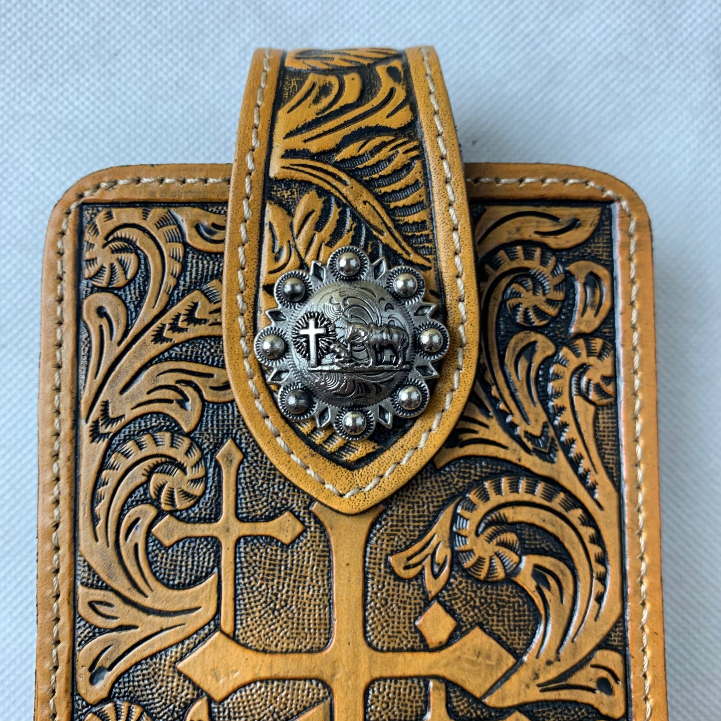 7" COWBOY PRAYER CROSS TAN BROWN LEATHER POUCH EXTRA LARGE BELT LOOP HOLSTER CELL PHONE CASE UNIVERSAL OVERSIZE #EH12968