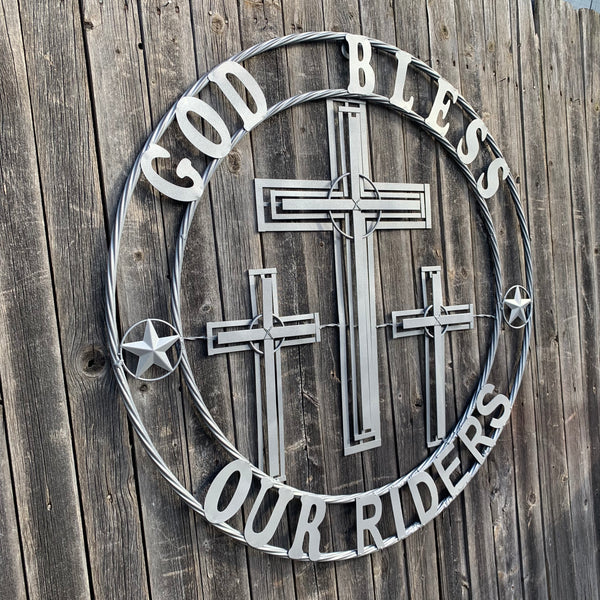 40"GOD BLESS OUR RIDERS CRUCIFIX GREY CROSS METAL WALL ART HANDMADE
