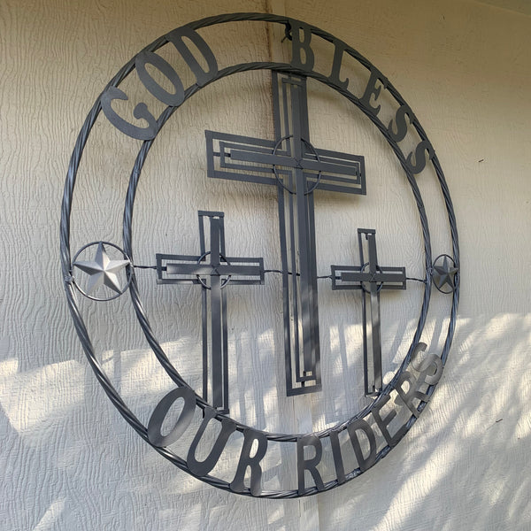 40"GOD BLESS OUR RIDERS CRUCIFIX GREY CROSS METAL WALL ART HANDMADE