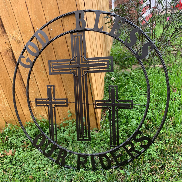 40"GOD BLESS OUR RIDERS CRUCIFIX BLACK CROSS METAL WALL ART HANDMADE