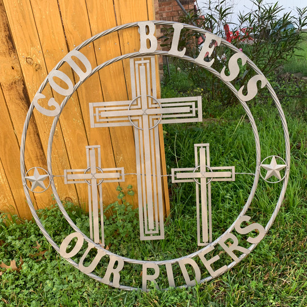 40"GOD BLESS OUR RIDERS CRUCIFIX GREY CROSS METAL WALL ART HANDMADE