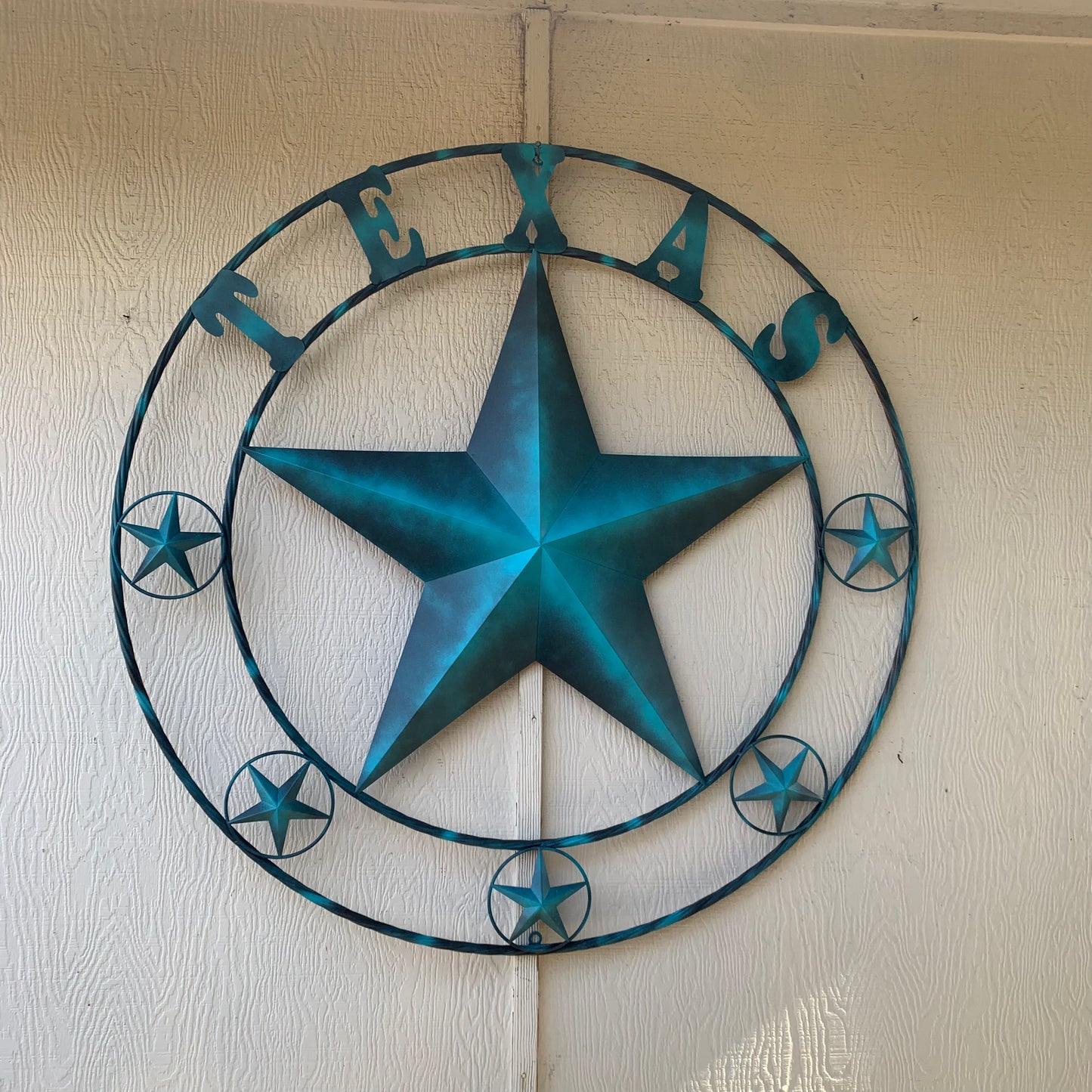 TEXAS LONESTAR TURQUOISE DISTRESSED TWO TONE METAL BARN STAR TWISTED ROPE RING WALL ART WESTERN HOME DECOR HANDMADE NEW #EH10483