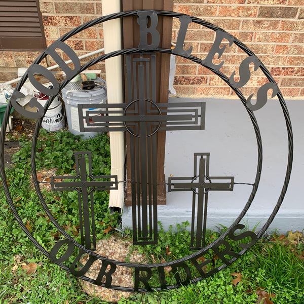 40"GOD BLESS OUR RIDERS CRUCIFIX BLACK CROSS METAL WALL ART HANDMADE