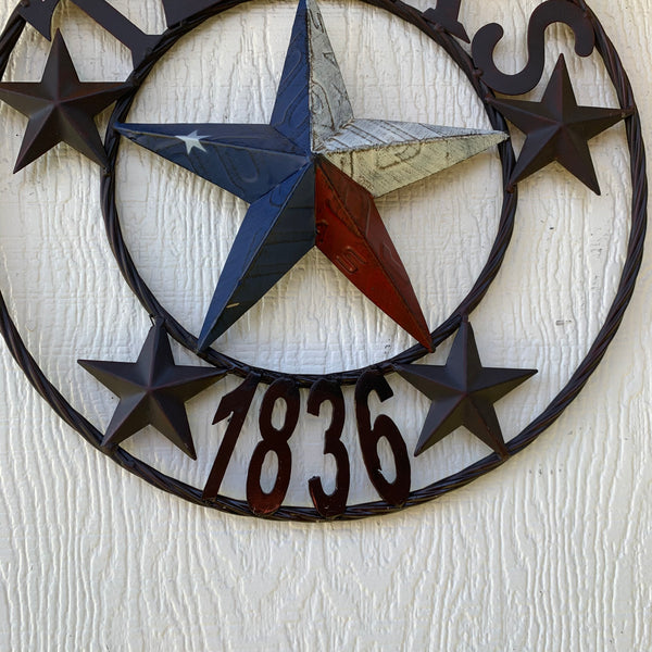 16", 24", 32", 34", 40" TEXAS 1836 LICENSE PLATE FLAG BARN STAR METAL WALL WESTERN HOME DECOR RED WHITE BLUE ART