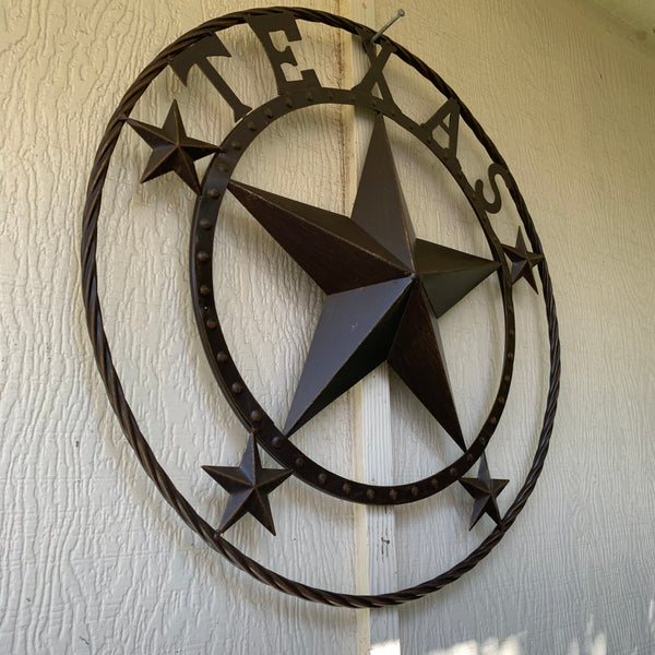 TEXAS BEADED BARN STAR WITH TWISTED ROPE RING DESIGN METAL WALL ART WESTERN HOME DECOR VINTAGE RUSTIC BRONZE ART