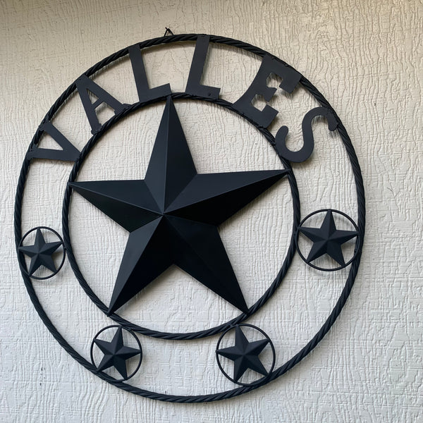 VALLES STYLE YOUR CUSTOM NAME STAR BLACK METAL BARN STAR 3d TWISTED ROPE RING WESTERN HOME DECOR VINTAGE BRONZE RUSTIC NEW HANDMADE 24",32",34",36",40",42",44",46",50"
