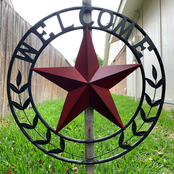 24" WELCOME LEAF LEAVES STAR METAL WALL ART WESTERN HOME DECOR RUSTIC RED HANDMADE