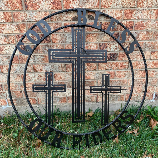 40"GOD BLESS OUR RIDERS CRUCIFIX BLACK CROSS METAL WALL ART HANDMADE