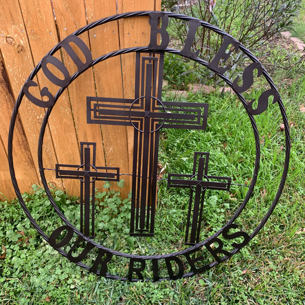 40"GOD BLESS OUR RIDERS CRUCIFIX BLACK CROSS METAL WALL ART HANDMADE