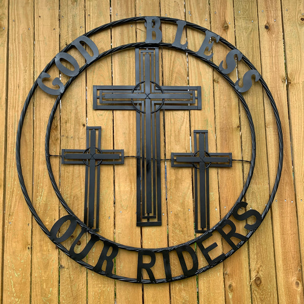 40"GOD BLESS OUR RIDERS CRUCIFIX BLACK CROSS METAL WALL ART HANDMADE
