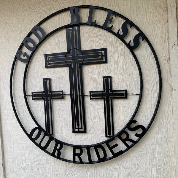 40"GOD BLESS OUR RIDERS CRUCIFIX BLACK CROSS METAL WALL ART HANDMADE