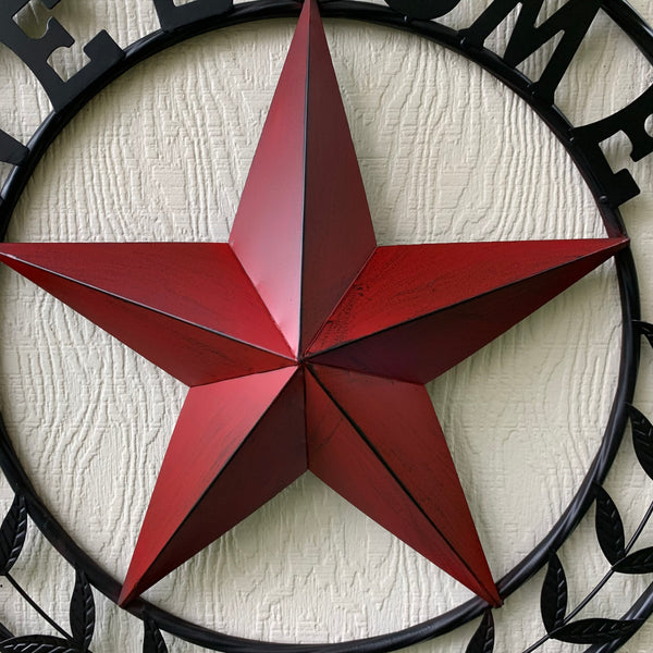 24" WELCOME LEAF LEAVES STAR METAL WALL ART WESTERN HOME DECOR RUSTIC RED HANDMADE